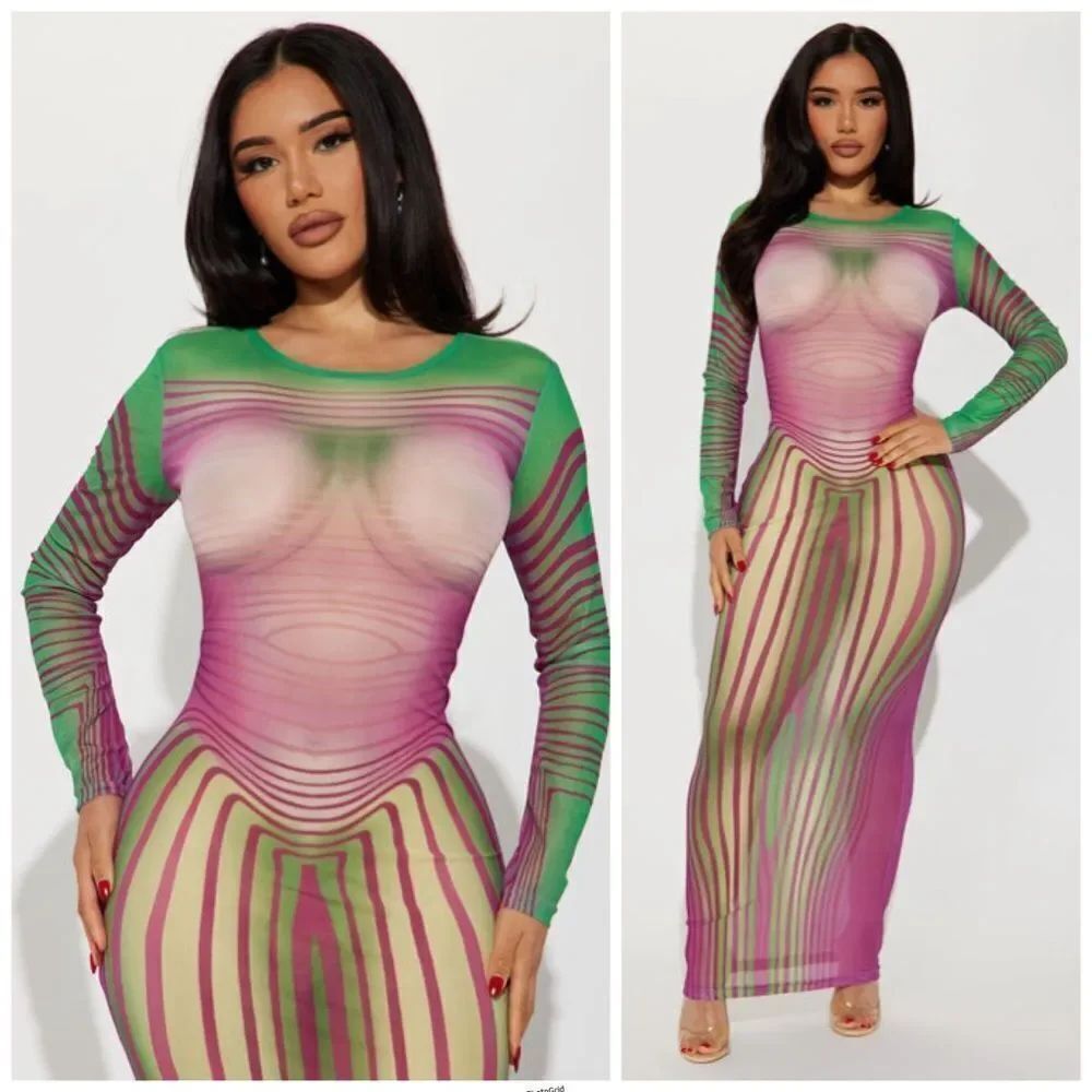 Fashion Nova Masterpiece Mesh Purple combo Multicolor Long Sleeve Maxi Dress